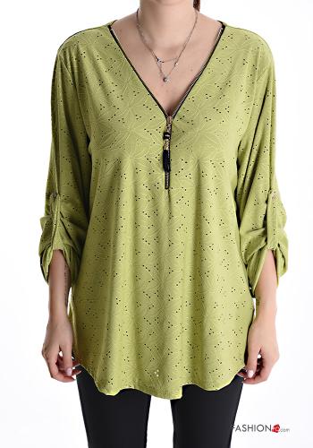 Blusa in pizzo sangallo maniche a tre quarti scollo a V con zip - ph 1