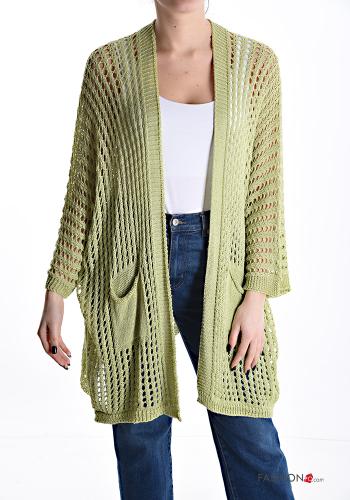 Cardigan a rete con tasche maniche a tre quarti