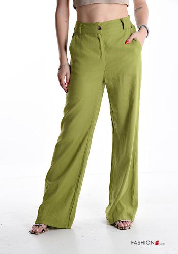 Pantalone in Lino lungo con tasche con bottoni con zip