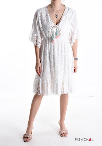 Embroidered ruffle sleeve knee-length lace trim Cotton Dress 3/4 sleeve plunging neckline with v-neck