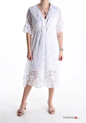 Abito in Cotone maniche volant pizzo maniche corte scollo a V