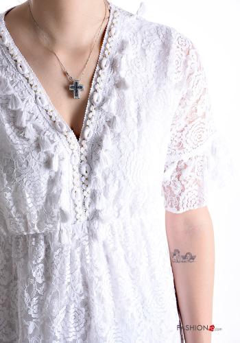 Abito in Cotone maniche volant pizzo maniche corte scollo a V - ph 4