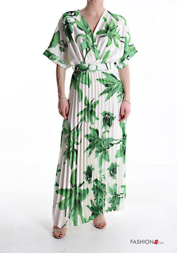 Leaf print short sleeve long pleated Dress with belt