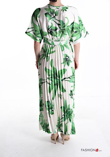 Leaf print short sleeve long pleated Dress with belt - ph 2
