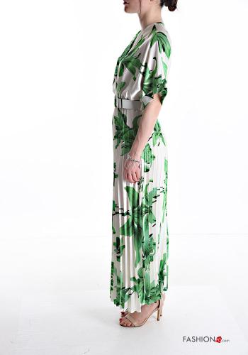 Leaf print short sleeve long pleated Dress with belt - ph 3