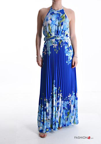 Floral sleeveless long pleated Dress with sash