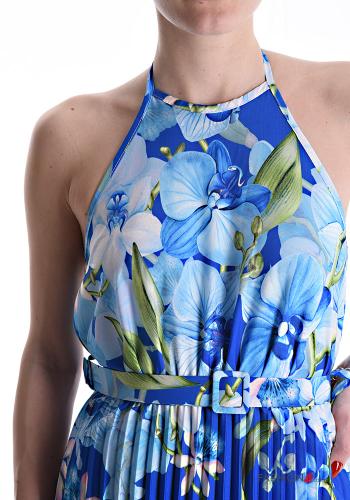 Floral sleeveless long pleated Dress with sash - ph 4