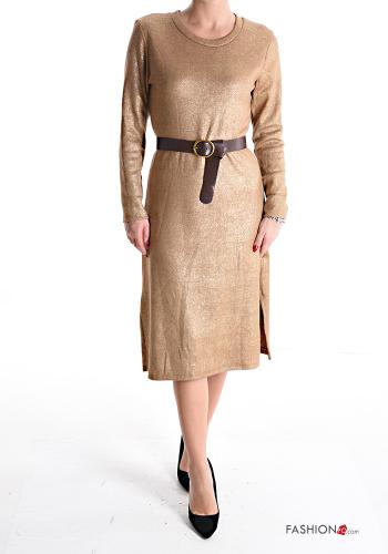 crew neck knee-length long sleeve lurex Dress with belt - ph 1