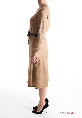 crew neck knee-length long sleeve lurex Dress with belt - ph 3