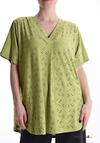 Blouse oversize manches courtes à broderie à col en V - ph 1