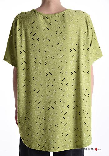 Blouse oversize manches courtes à broderie à col en V - ph 2
