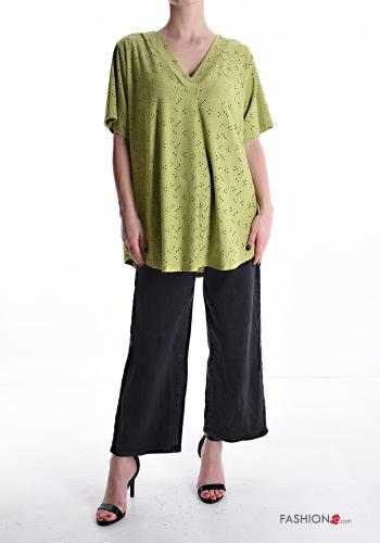 Blouse oversize manches courtes à broderie à col en V - ph 5