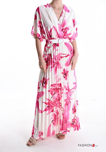 Vestido plissê manga curta longo Floral com cinto gola V - ph 1