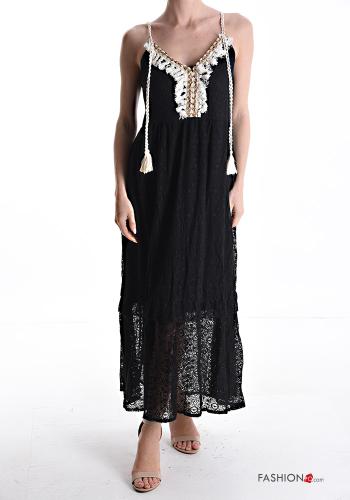 Embroidered lace trim sleeveless Dress with flounces with v-neck