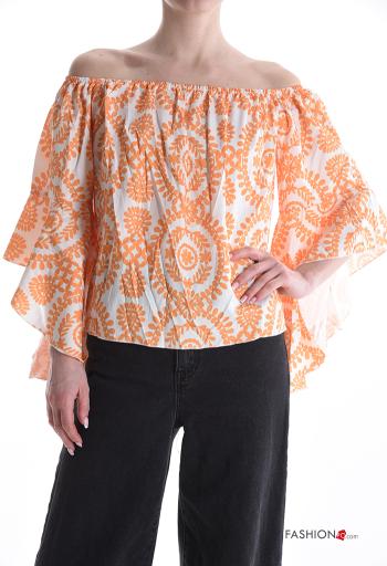 Blusa manga com folhos Padrão batik manga três quartos com elástico decote ombro a ombro