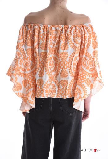 Blusa manga com folhos Padrão batik manga três quartos com elástico decote ombro a ombro - ph 2