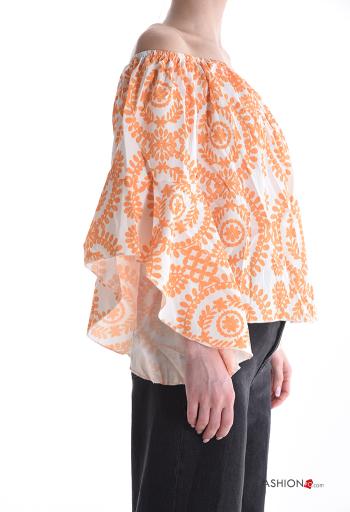 Blusa manga com folhos Padrão batik manga três quartos com elástico decote ombro a ombro - ph 3
