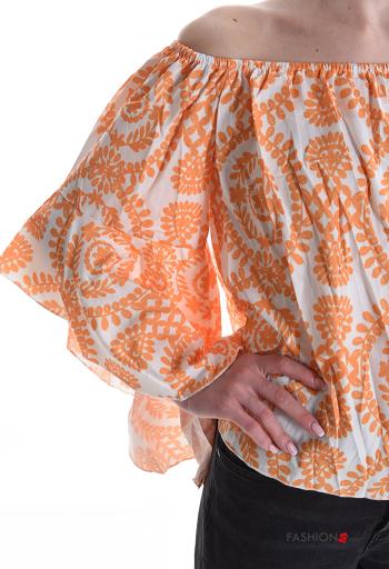 Blusa manga com folhos Padrão batik manga três quartos com elástico decote ombro a ombro - ph 4