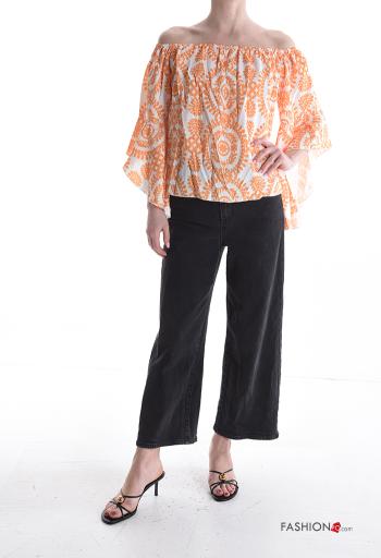 Blusa manga com folhos Padrão batik manga três quartos com elástico decote ombro a ombro - ph 5