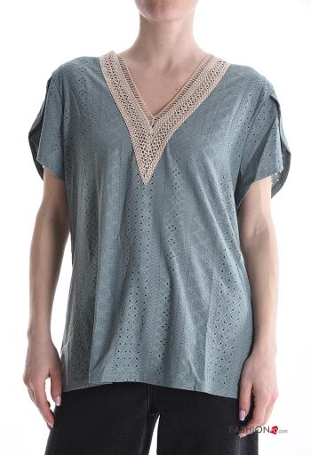 Blusa manga curta Padrão bordado gola V - ph 1