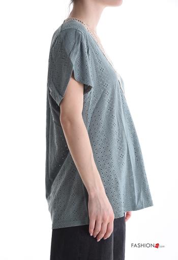 Blusa manga curta Padrão bordado gola V - ph 3