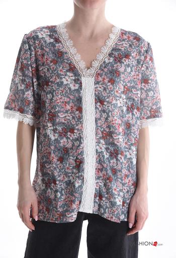 Blumenmuster Spitze- kurze ärmel Bluse mit V-Ausschnitt - ph 1