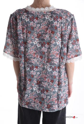 Blumenmuster Spitze- kurze ärmel Bluse mit V-Ausschnitt - ph 2
