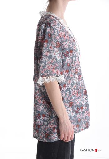 Blumenmuster Spitze- kurze ärmel Bluse mit V-Ausschnitt - ph 3