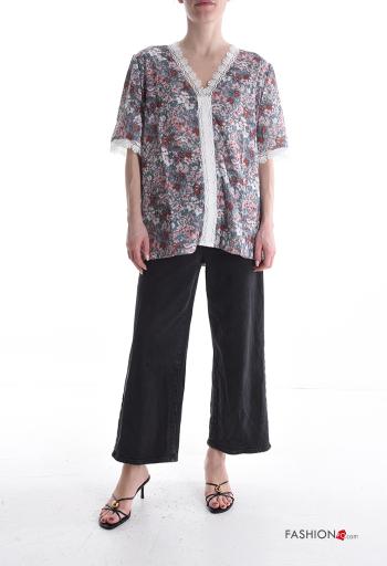 Blumenmuster Spitze- kurze ärmel Bluse mit V-Ausschnitt - ph 5