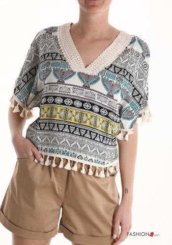 Blouse manches courtes imprimé à col en V à franges - ph 1