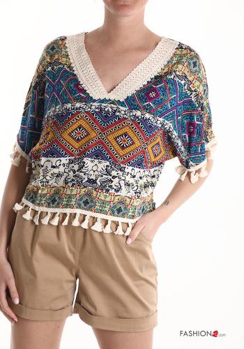 Blusa maniche corte Fantasia stampata scollo a V con frange