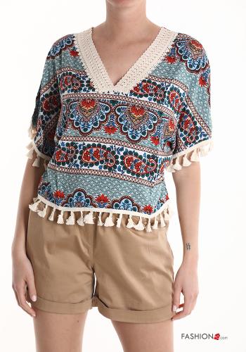 Blouse manches courtes imprimé à col en V à franges - ph 1