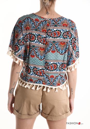 Blouse manches courtes imprimé à col en V à franges - ph 2