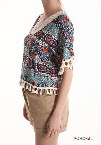 Blouse manches courtes imprimé à col en V à franges - ph 3