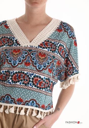 Blouse manches courtes imprimé à col en V à franges - ph 4