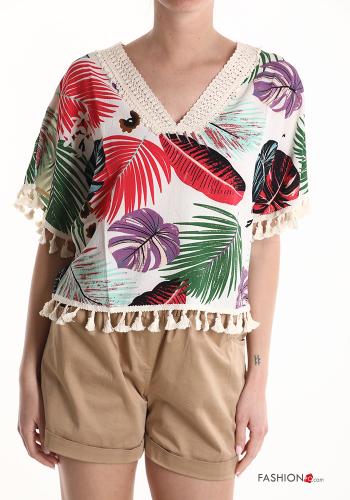 Top Fantasia con foglie scollo a V con frange
