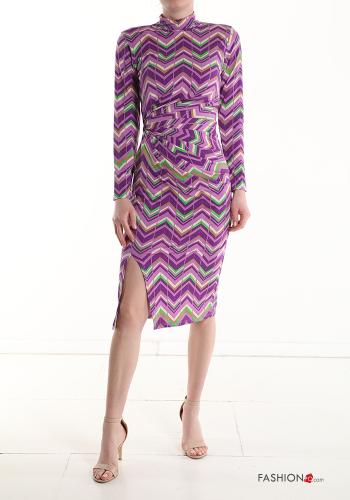 Robe manches longues à genoux Imprimé chevron à col roulé avec fonte - ph 1