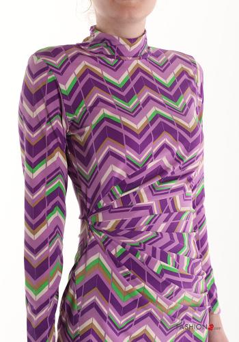 Robe manches longues à genoux Imprimé chevron à col roulé avec fonte - ph 4