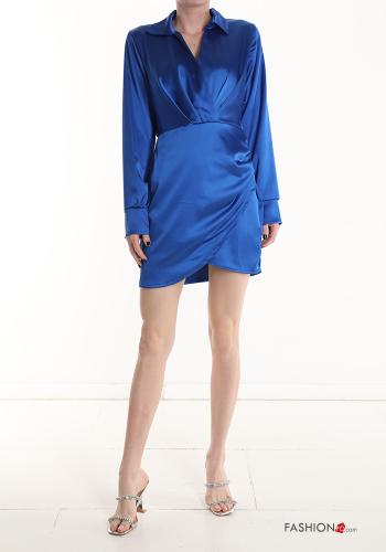 with collar mini extra long sleeve satin Dress with v-neck