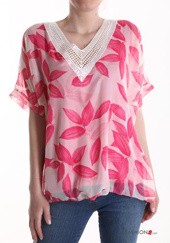 Blusa maniche corte Fantasia con foglie scollo a V - ph 1