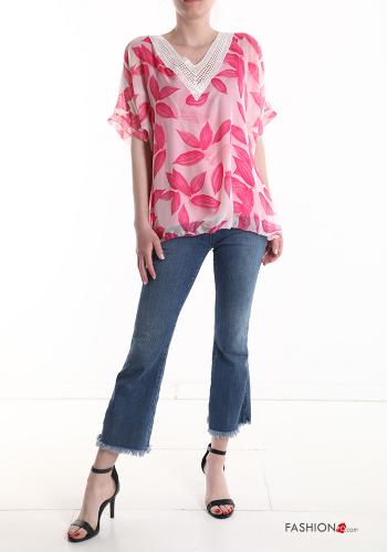 Blusa maniche corte Fantasia con foglie scollo a V - ph 5