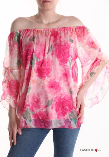 Blumenmuster Bluse mit gummizug 3/4 ärmel - ph 1