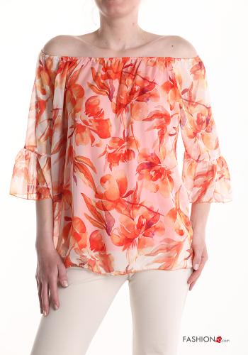 Blusa Fantasia floreale maniche a tre quarti con balze con elastico