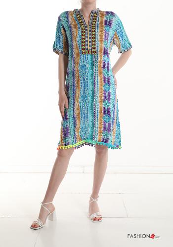 Patterned short sleeve knee-length Dress with v-neck
