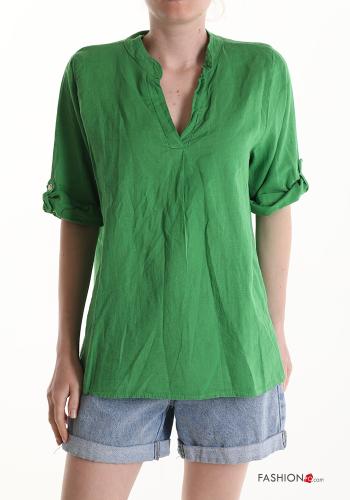 short sleeve Linen Blouse with v-neck