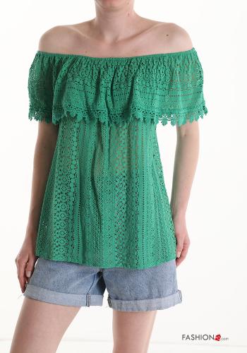 lace trim short sleeve Cotton Blouse with flounces