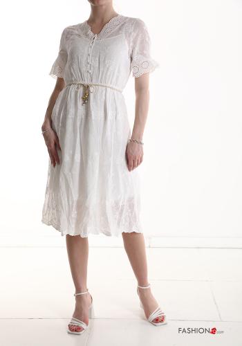 Robe en Coton manches courtes à genoux avec corde broderie anglaise