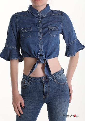 Top in Cotone denim maniche a tre quarti con bottoni con nodo
