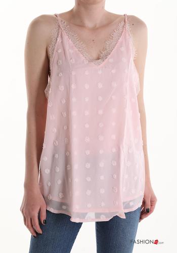 Polka-dot lace trim Tank-Top with v-neck