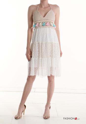 Spitze- ärmellos Kleid aus Baumwolle mit Volants mit Fransen mit V-Ausschnitt